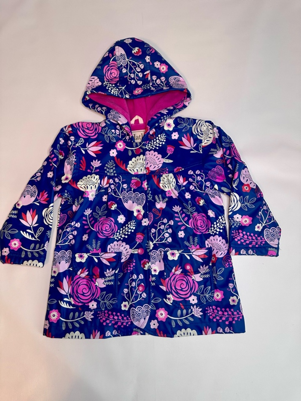 Hatley Rain Jacket Girls Size 3 Navy Pink Floral Hooded Snap Up